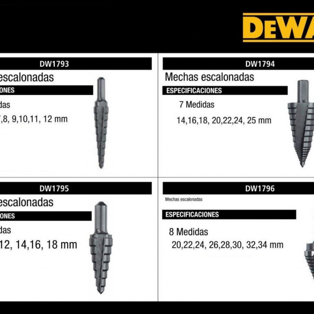 mechas-escalonadas-conicas-para-aceros-marca-dewalt-dw1793-dw1794-dw1795-dw1796