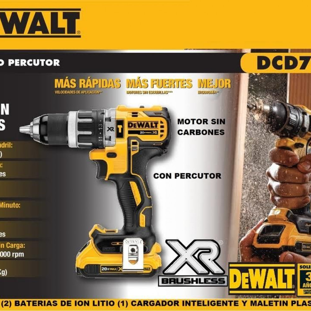 Taladro Atornillador Inalámbrico Percutor Recargable LITIUM con Batería 20V  Sin Carbones Marca DeWALT DCD796 XR BRUSHLESS